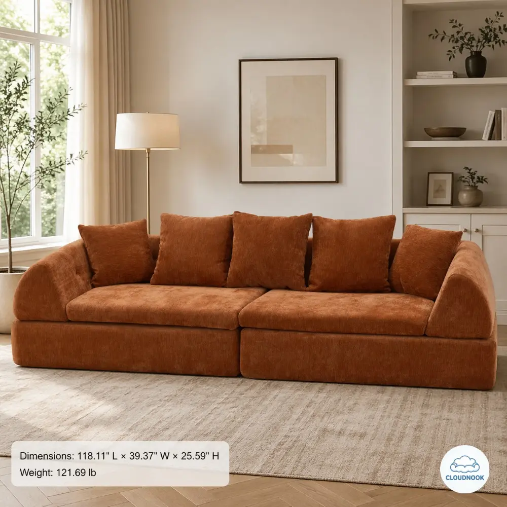 Cloud Modular Sectional Sofa, Boneless Curved Couch with Deep Fluffy Seats, Chenille Upholstered, Burnt Orange