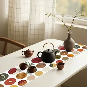 1PC 2D flat retro style, colorful, round printed fashion table runner, home table runner for Western restaurants, living rooms, coffee tables, dining tables, outdoor picnics, party decoration table runner