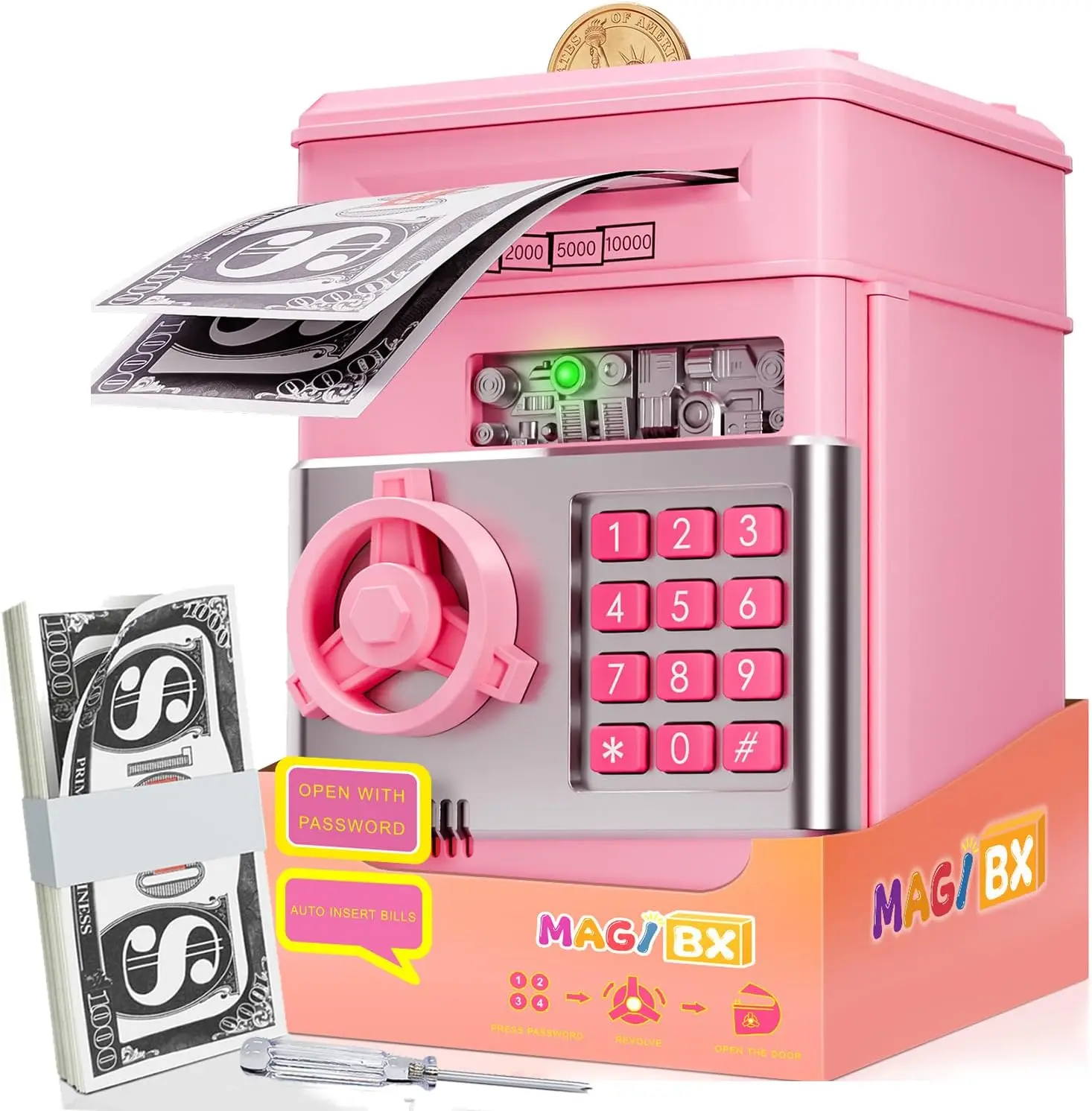 Kids Electronic ATM Machine Piggy Bank with Light & Door - Coin Storage Toy Prop Boxes for 5-10 Year Old Girls, Birthday Gifts for Ages 6-8 Pretend Play Toys, 6-8 Years