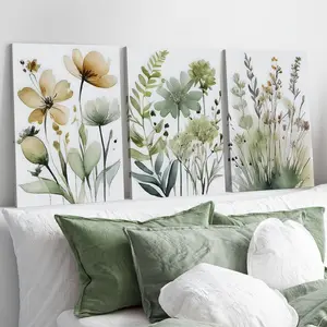 3 Counts Wood Framed Canvas Modern Botanical Floral Wall Art, Wooden Wall Art, Ready To Hang, Elegant Plant Poster Print, Artwork Wall Painting For Gift, Wall Picture for Living Room, Bedroom, Dining Room, Dorm, Bathroom, Home and Office Wall Decor