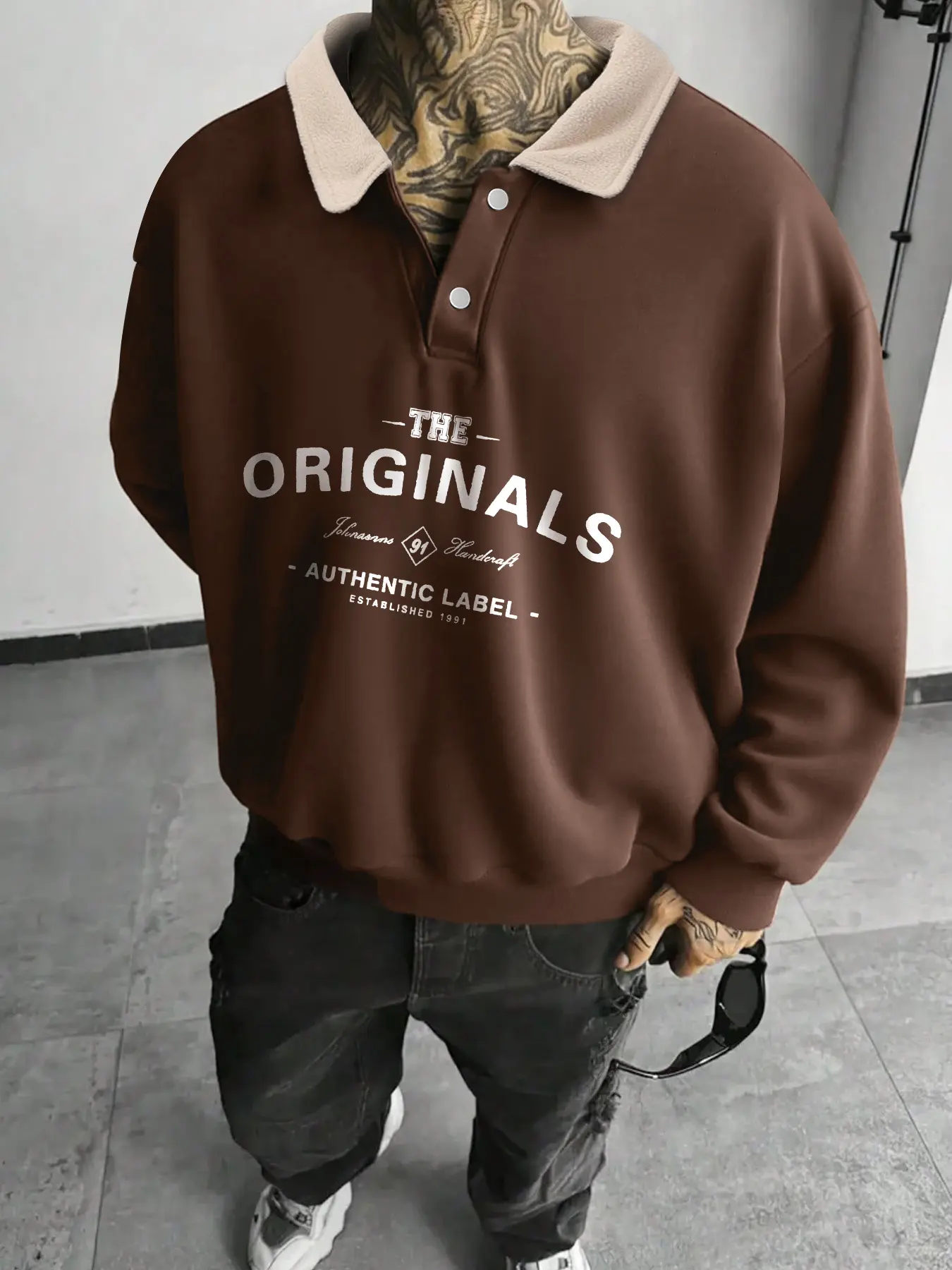 Men's Fall Winter Half Button Polo Fleece Hoodie, Original Letter Print Design, Casual Outdoor Pullover, Loose Fit