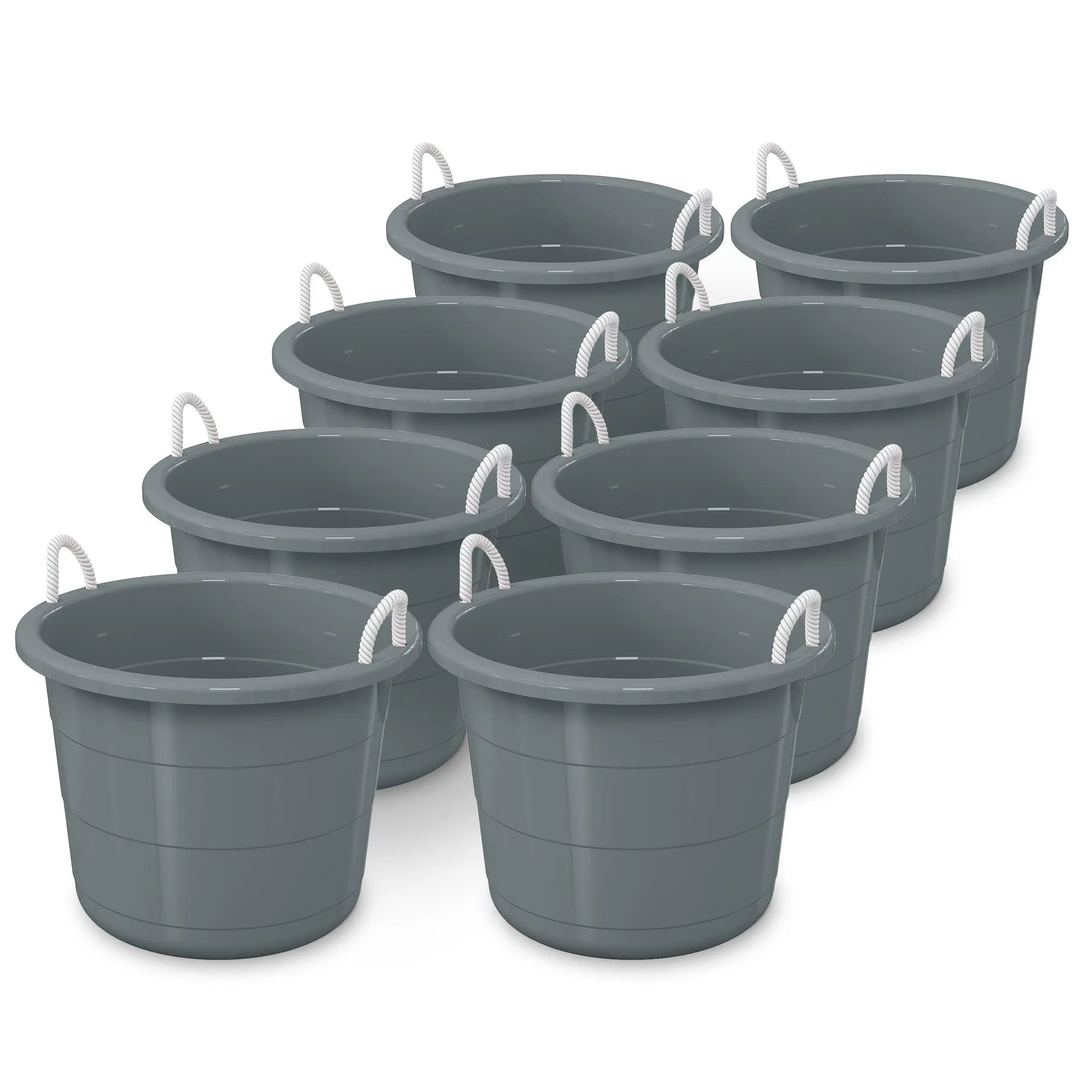 Life Story 17 Gallon Round Open Storage Bucket with Rope Handles, Gray, 8 Pack Life Story 17 Gallon Round Open Storage Bucket with Rope Handles, Gray, 8 Pack