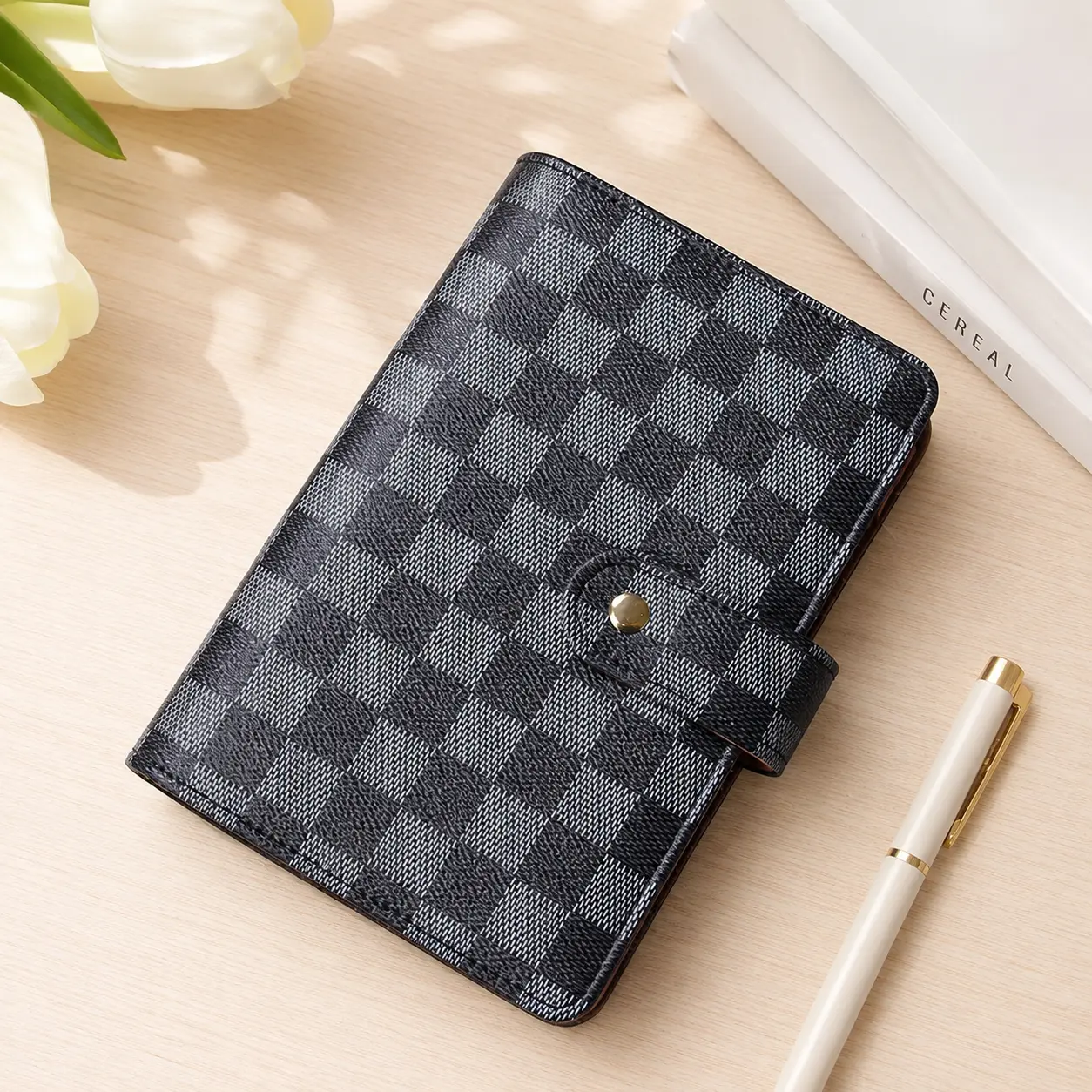 Women's A6 Black-Brown Retro Plaid 6-Ring Hardcover PU Leather Loose Leaf Binder - 1-inch Rings/1in Snap Closure Refillable Organizer, Organization Storage Portfolio with Card Pockets, Large Document Pocket for Home Office, Black-Brown Plaid