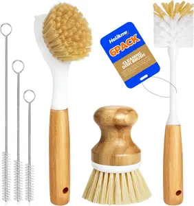 6-Pack Dish Brush Set with Vegetable Palm & Bamboo Handle, Bottle, Straw Brushes for Cleaning Kitchen Utensils, Yellow