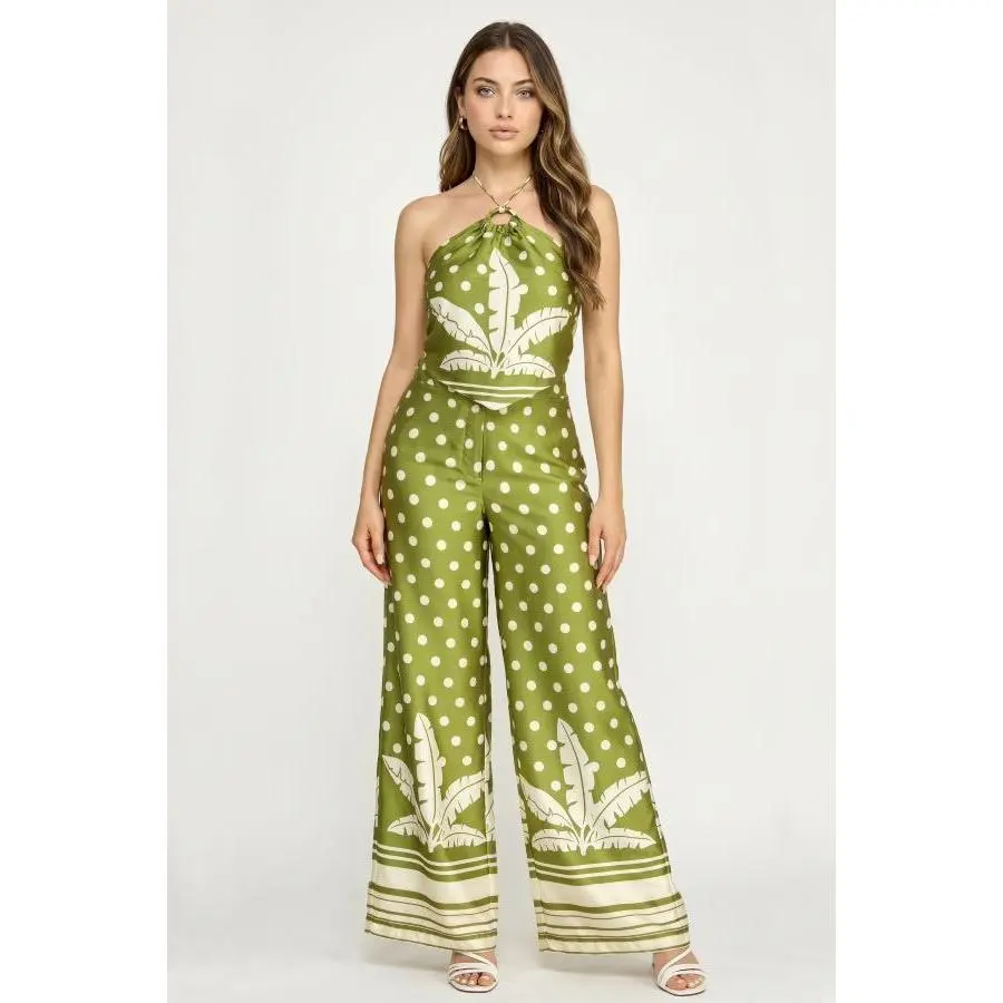 Women's Green Polka Dot & Leaf Print Halter Neck Sleeveless Wide-Leg Bohemian Overalls - Comfortable 1-Piece Lady Jumpsuit with Flattering Fit