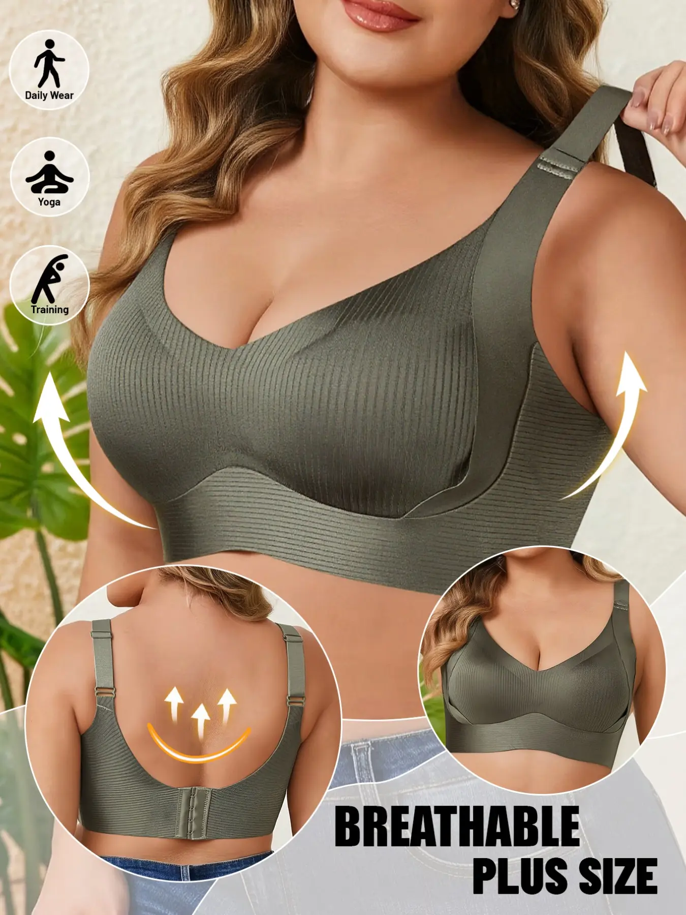 Plus Size Women's Wireless Solid Color Sexy Bra, Adjustable Bras, Jelly Gel Minimalist Seamless Smooth Design, Push Up Comfortable Full Coverage Fit, Adjustable Wide Non-Digging Shoulder Straps, For Home Sports Casual Wear
