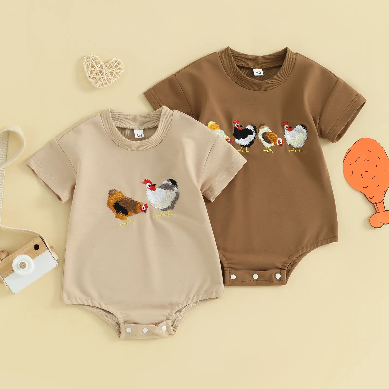 Newborn Baby Boy Girl Summer Bubble Romper Chicken Print Short Sleeve Bodysuit Farm Animal Clothes