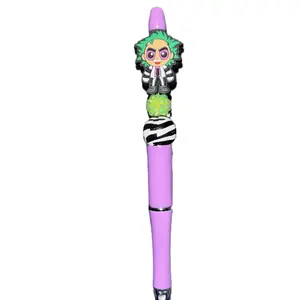 BettleJuice Pen with Purple Body & Zebra Design Unique Novelty Writing Tool for Office School Use High-Quality Silicone Beads Acrylic Rhinestone Spacers Free Ink Refill Ideal Gift