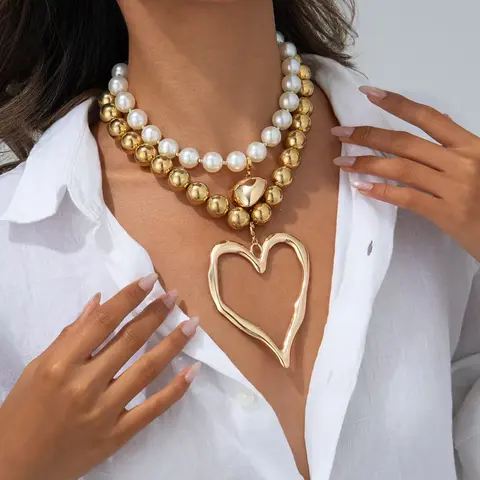 Women's 14K Gold-Plated Dainty Beaded Heart Pendant Pearl & Gold Necklace - Pearl Jewelry for School, All Seasons, Unisex Style for Any Outfit
