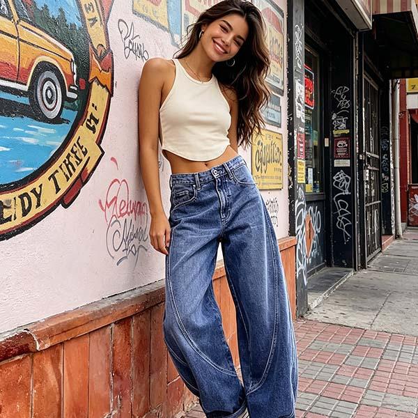 Y2K Curved Seam Baggy Wide Leg Jeans for Women, American High Street Relaxed Fit Straight Leg Denim Pants