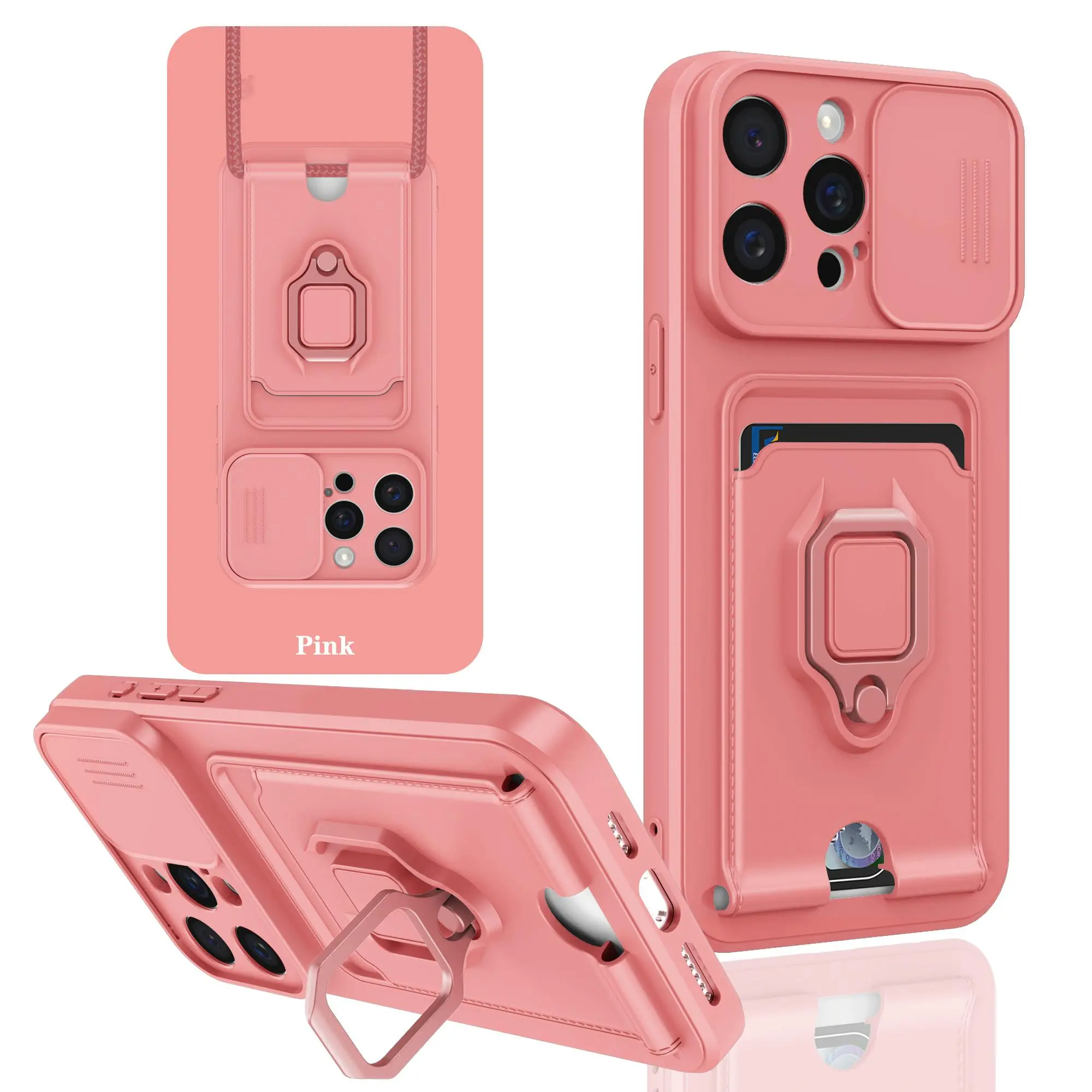 Creative Camera Sliding Cover Design Phone Case with Card Slot & Ring Holder, 1 Count Anti-drop Phone Protective Cover for iPhone 11 12 13 14 15 Pro Max