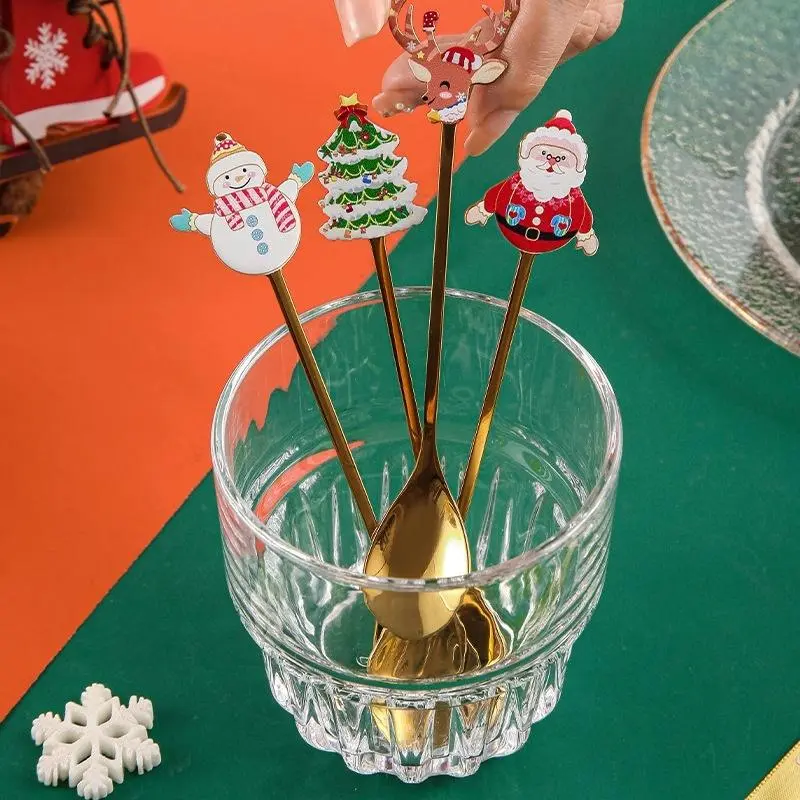 4 Piece Christmas Spoon Set, Stainless Steel Tree Tea Spoons, Holiday Party Utensils, Creative Dessert Stirring Ice Cream Scoop Gifts, Candy Spoons