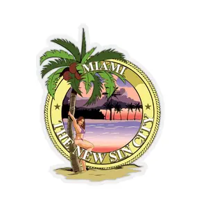 Miami The New Sin City Stickers - Waterproof Decorative Stickers Featuring Palm Tree and Beach Scene