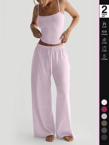 women's solid cami top & wide leg pants lounge set, casual comfy pyjama set for women, comfy loungewear set for daily home wear, pjs, womenswear