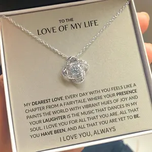 To My Girlfriend Loving You Love Knot Exquisite 14k White Gold Pendant Necklace with 6mm Cubic Zirconia Crystals Adjustable 18-22" Chain Gift Box Included