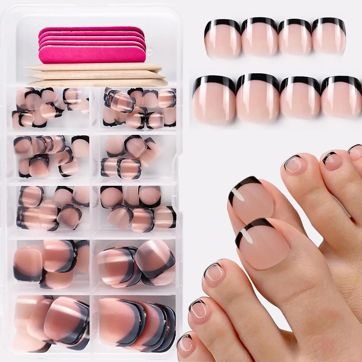 120 Pcs Black French Tip Press on Toenails Nude French Toe Nails Press ons Short Square Fake Toes Nails Full Cover Glossy Acrylic False Toes Nail Stick on Toenails for Women Girls Foot Manicure Kit