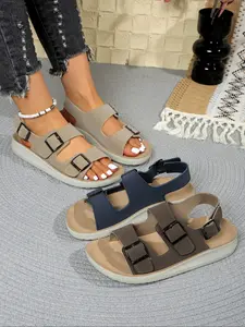 Lightweight Comfortable Casual Thick Sole Open Toe Sandals, PU Material, Wedge Heel, Plain Pattern, Less Than Ankle Height, Women's Footwear