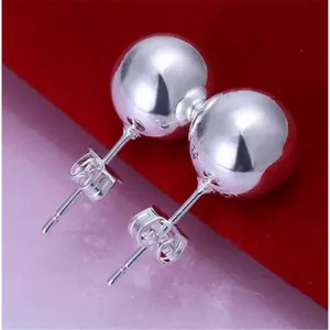 Womens 925 Sterling Silver 10mm Bead Ball Ear Stud Pierced Earrings #E94
