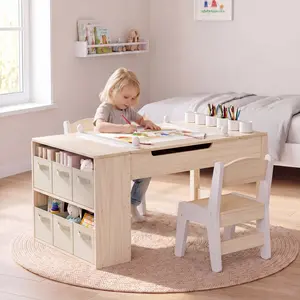 MAMIZO 3 in 1 Kids Art Table and Chair Set, Multifunctional Tabletop w/Large Storage, Convertible Wooden Toddler Activity Desk with 6 Paint Cups, 6 Storage Bins & Paper Roll for Painting, Playing