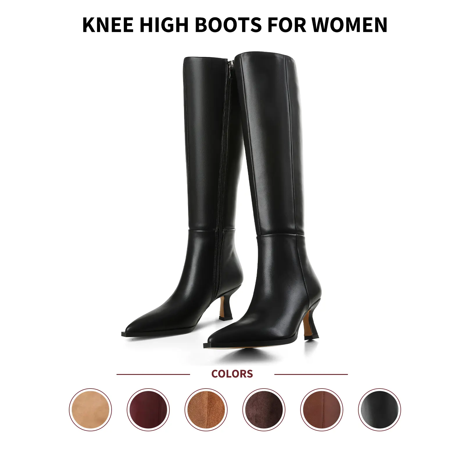 VIMISAOI Knee High Boots For Women Pointed Toe Kitten Heel Side Zipper Pull On Casual Outings Office Date Party Wedding Nightclub Shopping Comfortable Tall Trendy Stylish Elegant Modern Fashion Booties Summerwins Footwear