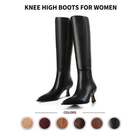 VIMISAOI Women Knee High Boots Pointed Toe Kitten Heel Side Zipper Pull On Casual Outings Office Formal Date Party Wedding Nightclub Shopping Stylish Elegant Modern Tall Long  Dress Boots Shoes Fall Fashion Back To School Modern Boots