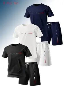 6-Piece Men's Casual Sports Set, Knit Fabric, Breathable, Paris Letter Print, Quick-Dry Tee and Shorts, Ideal for Running and Fitness