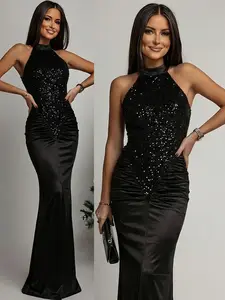 Elegant Sequined Mermaid Dress, Slim Fit Party Gown, Hollow Out Sleeveless, Solid Pattern, All Seasons, Perfect for Gatherings