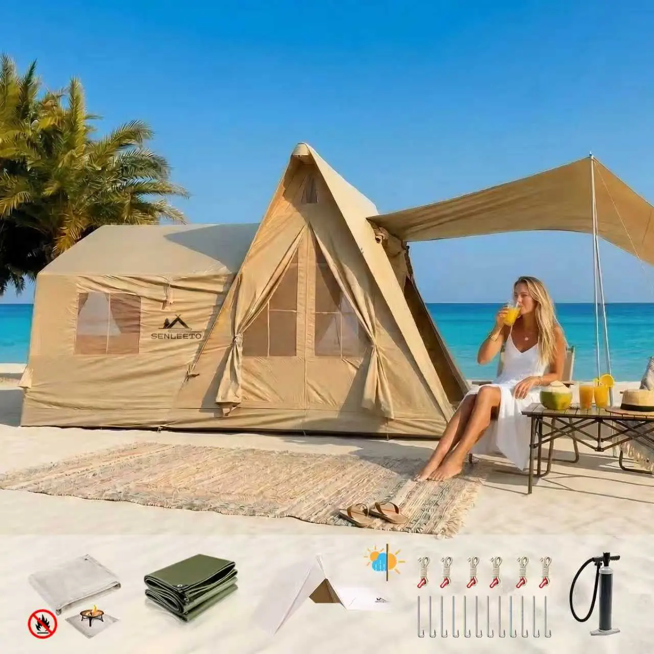 Luxury 5-8 Person Inflatable  with AC Hole & Stove Vent, SENLEETO 135 Sq Ft Large Glamping Air , 100" Standing Height 4 Season Cabin  No Metal Poles hot  camping