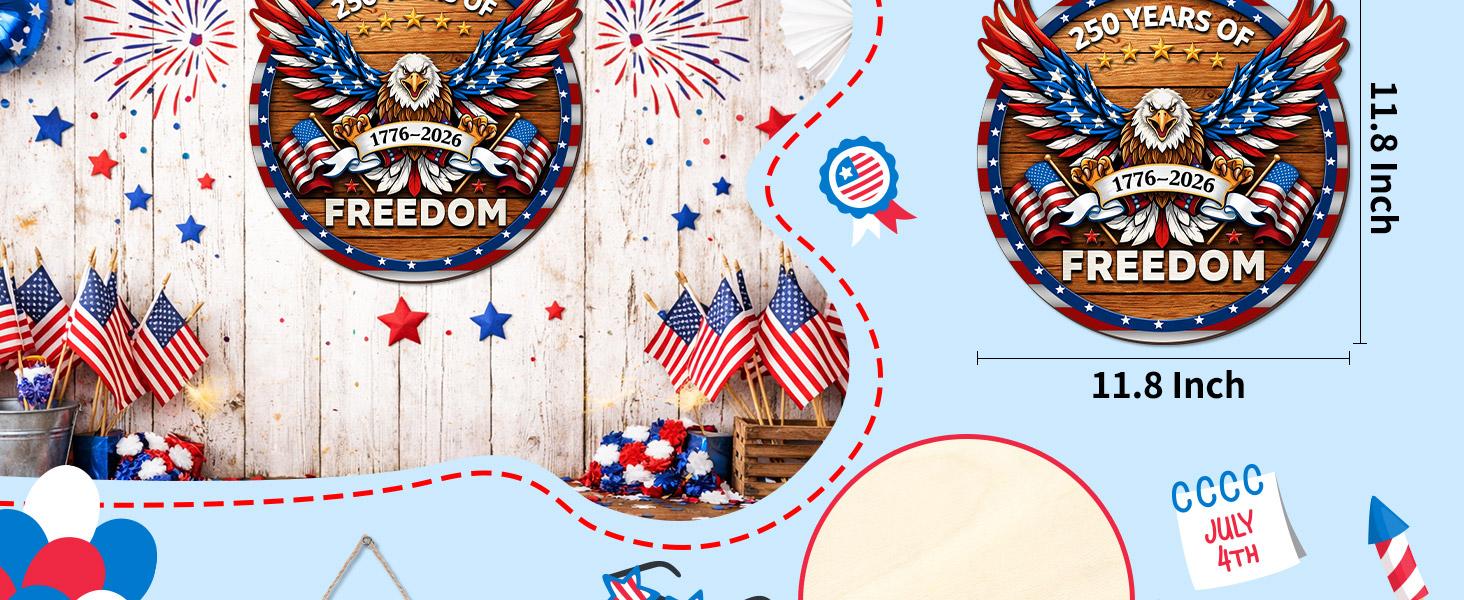 US 250th Anniversary Decoration Wooden Eagle Door Sign 250 Years of Freedom Wreath for Front Door Wall Signs Decor for 4th of July Home Decor Outdoor Indoor Party Supply