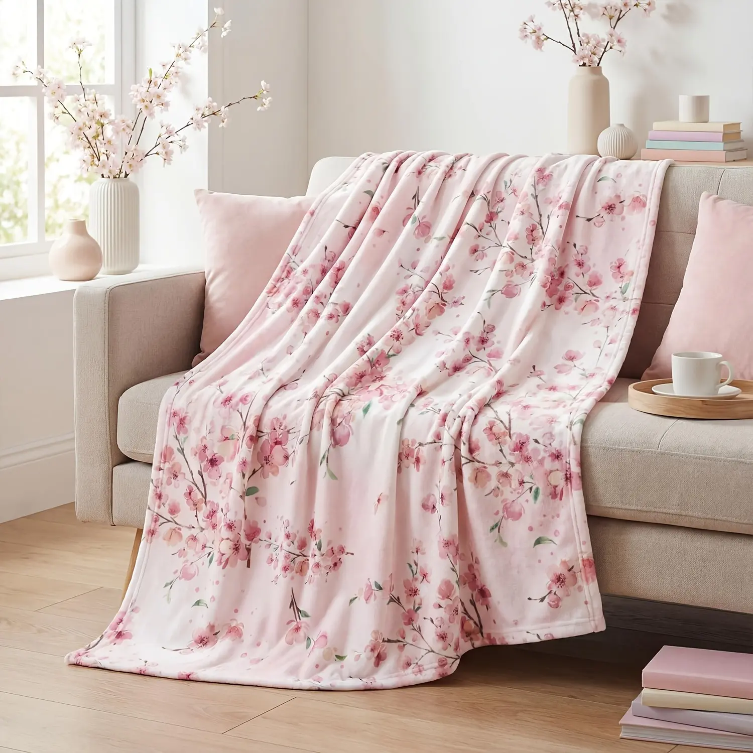 Watercolor Pink Cherry Blossom Flannel Blanket - Soft, Cozy, Warm Fuzzy Plush Throw, Japanese Sakura Floral Design, Perfect Gift for Women for Bedroom Sofa Aesthetic Home Decor