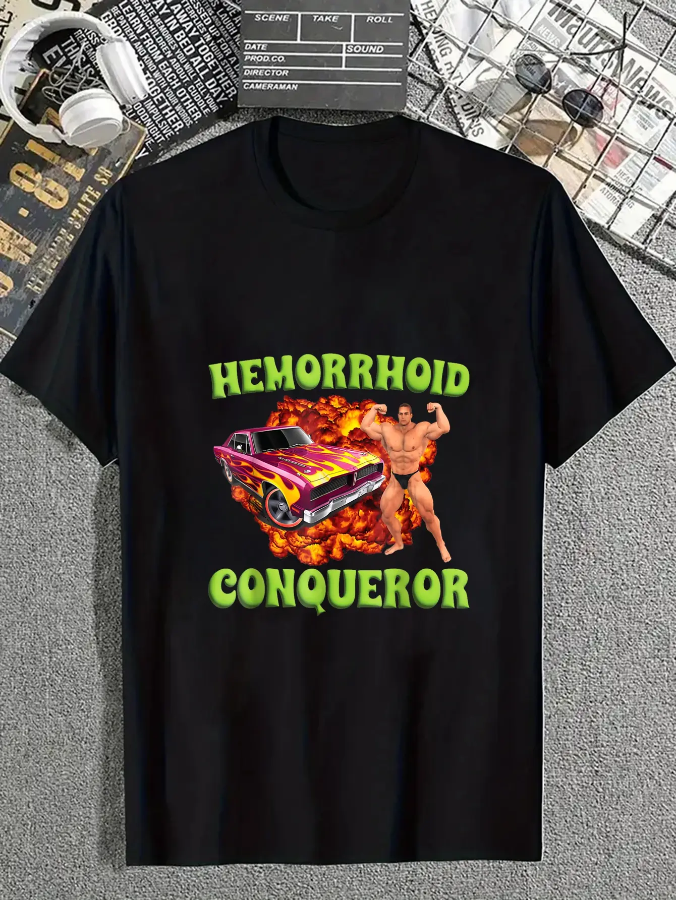 Women's Graphic T-Shirt, Vintage Style Funny 'Hemorrhoid Conqueror' Print, 100% Cotton Shortsleeve Top for Casual Streetwear, Everyday, Tshirt, Lady, Graphic Print
