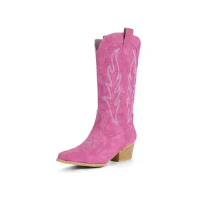 IDIFU Pink Cowgirl Boots, Women's Embroidered Western Cowboy Boots Trending Pointed Toe Chunky Heel Mid Calf Cowgirl Boots Soft Warm and Comfortable Lining All-match Pointed Toe Shoes for Daily Wear Fall and Winter