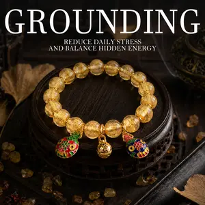 LUMAWU Natural Gold Foil Incense Ash Glazed Glass Bracelet 10mm | Earth Element Feng Shui Stability & Wealth Energy Bracelet for Men Women | Protection Lucky Charm Amulet Beaded Bracelet