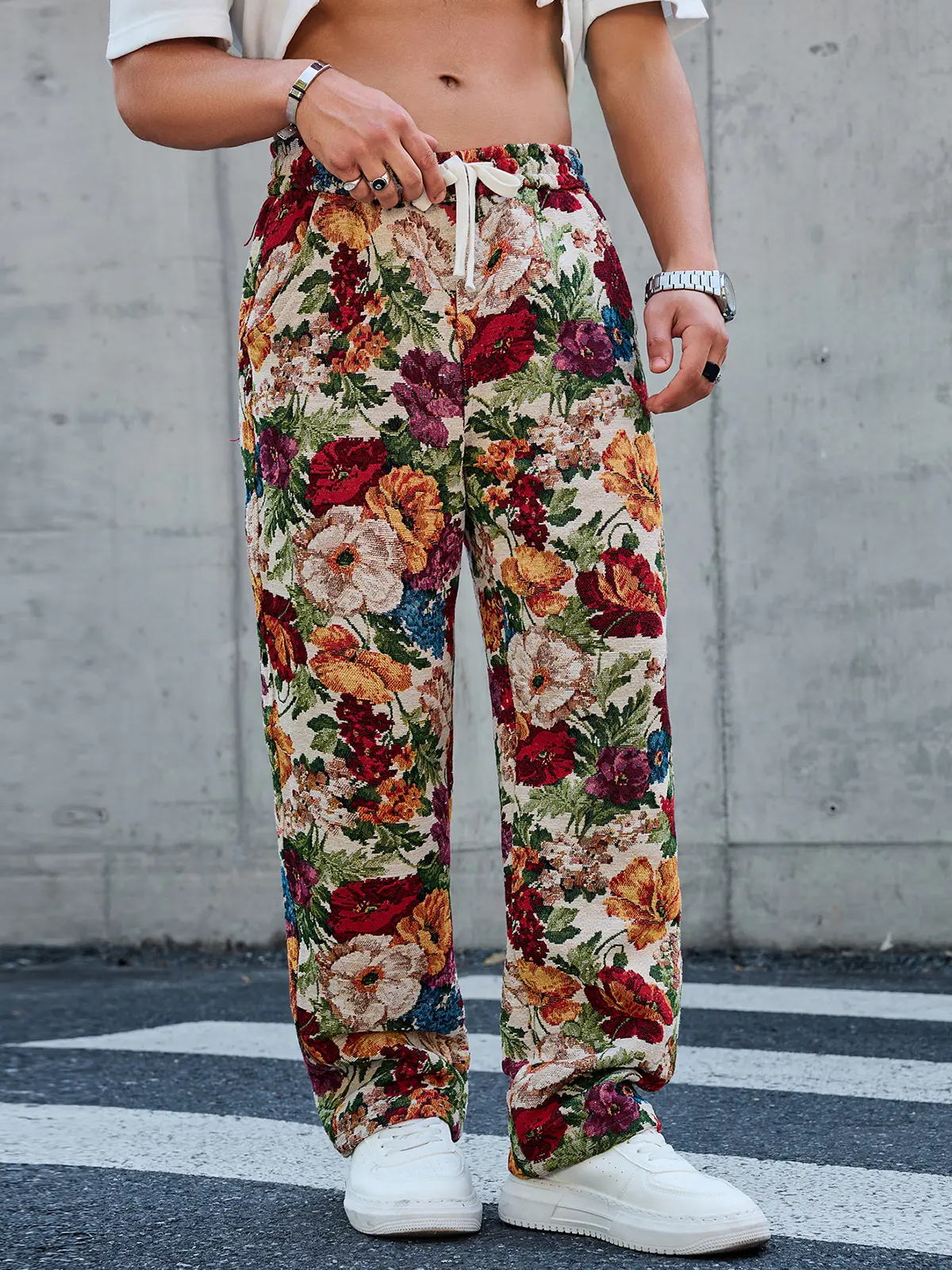Men's Floral Tapestry Pants - Stylish Straight Leg Cut, Elegant Vintage Botanical Design in Ultra-Soft Viscose Fabric, Casual, Fashion, Aesthetic, Sneakers, Botanical Art, Holiday, Floral Print, Poly Viscose
