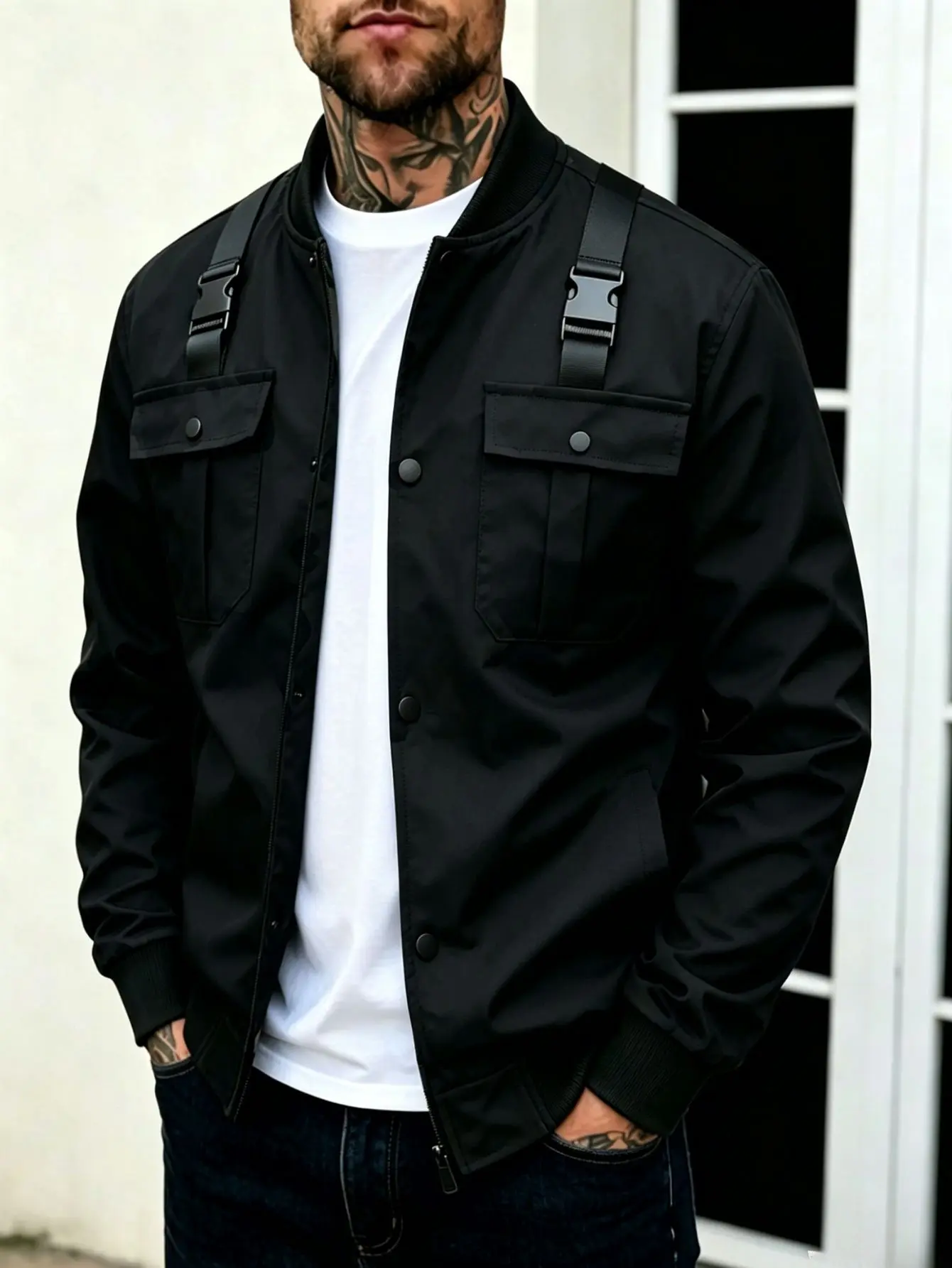 Men's Retro Style Woven Aviator Coat - Menswear Longsleeves Outerwear with Baseball Collar, Plain Design, Multiple Pockets