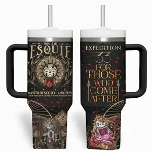 Claire Obscur Ex33 Esquire Inspired 40oz Handle Tumbler – Video games RPG Art Stainless Steel Cup, Expedition 33 Style, Quote Travel Mug Gift
