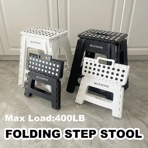 BLYXTENNE 18in Black Foldable Single Seat Step Stool for Adults - Christmas Office/Commercial Furniture, 400lbs Capacity, Easy Folding, Non-Slip Plastic, Compact with Portable Handle, Bathroom Reach Aid