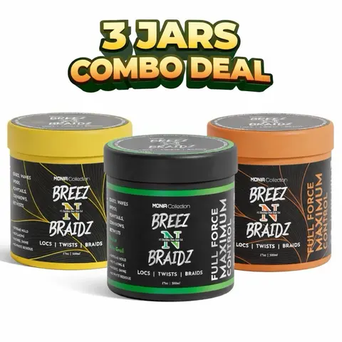 BREEZ N BRAIDZ 3 JARS COMBO DEAL Our Yellow Orange & Black Jar Extreme Hold No White Residue Clean Finish Gel Haircare