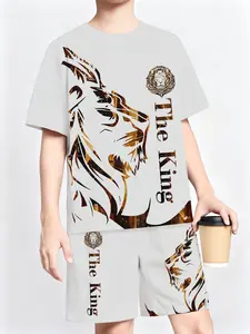 'the King' Lion Print Set, Summer Loose Short Sleeve Shorts Sport Two-Piece, Casual All over Print Tee and Shorts