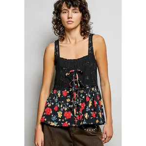 POL Ribbed Sleeveless Top with Lace Bust Floral Woven Patch