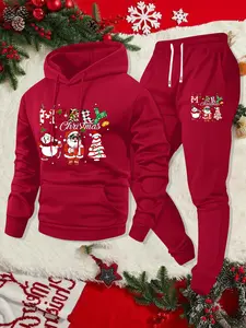 Men's Lightweight Hooded Sweatshirt Set Father Christmas Pattern Print Basic Spring and Autumn Fashion Casual Attire, Suitable for Husband or Boyfriend Gift, Suitable for Street Wear, Commuter Commute, Outdoor Activities and Holiday Outing