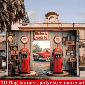 2D Retro Route 66 Gas Station Backdrop, Polyester Decor Banner, American Vintage Party, Car Theme, Restaurant Bar Decoration, Photography Setup