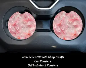 Peach Butterfly Car Coasters, 2 Pcs Set Neoprene/Ceramic Spill-Proof Automotive Interior Accessories, Stylish Functional Decor for Cup Protection & Auto Interior Upgrade