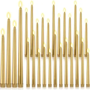 24 count Flameless LED Taper Candles  Operated Candles 8.58'', 9.69'', 10.98'', 12.91'', 12.8'' Flameless Candlesticks Flickering for Halloween Christmas Church Wedding(Golden)