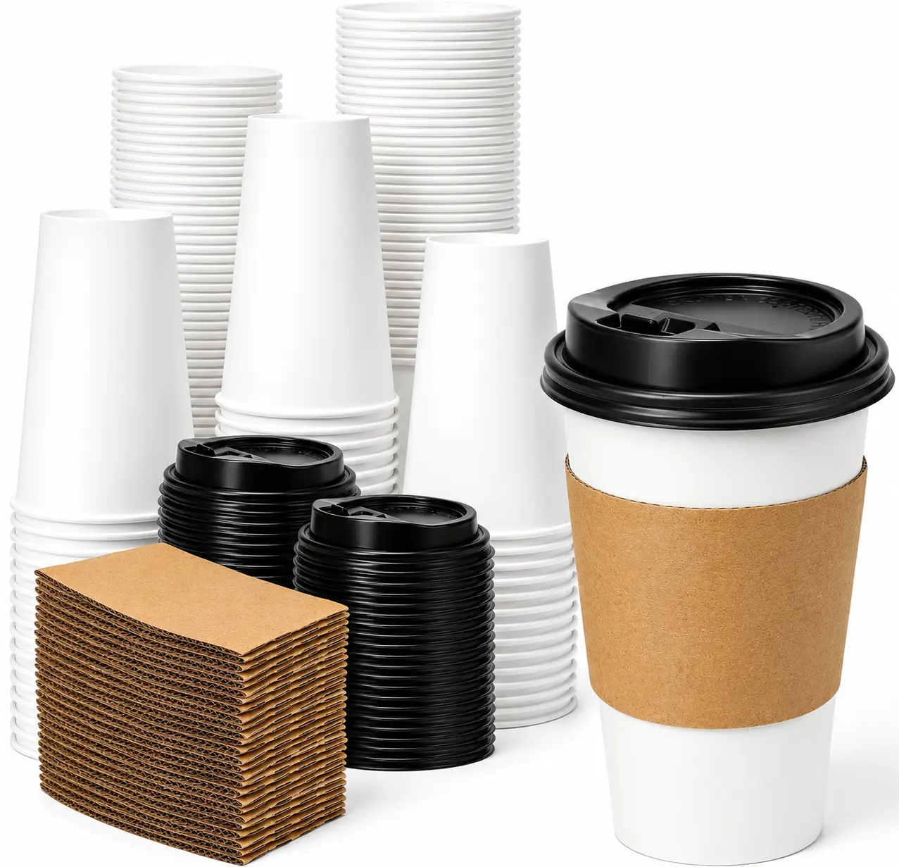 16 oz Paper Coffee Cups with Lids & Kraft Sleeves – 100 Sets | Disposable Hot Coffee Cups | Leak-Resistant | Coffee, Tea & Hot Chocolate