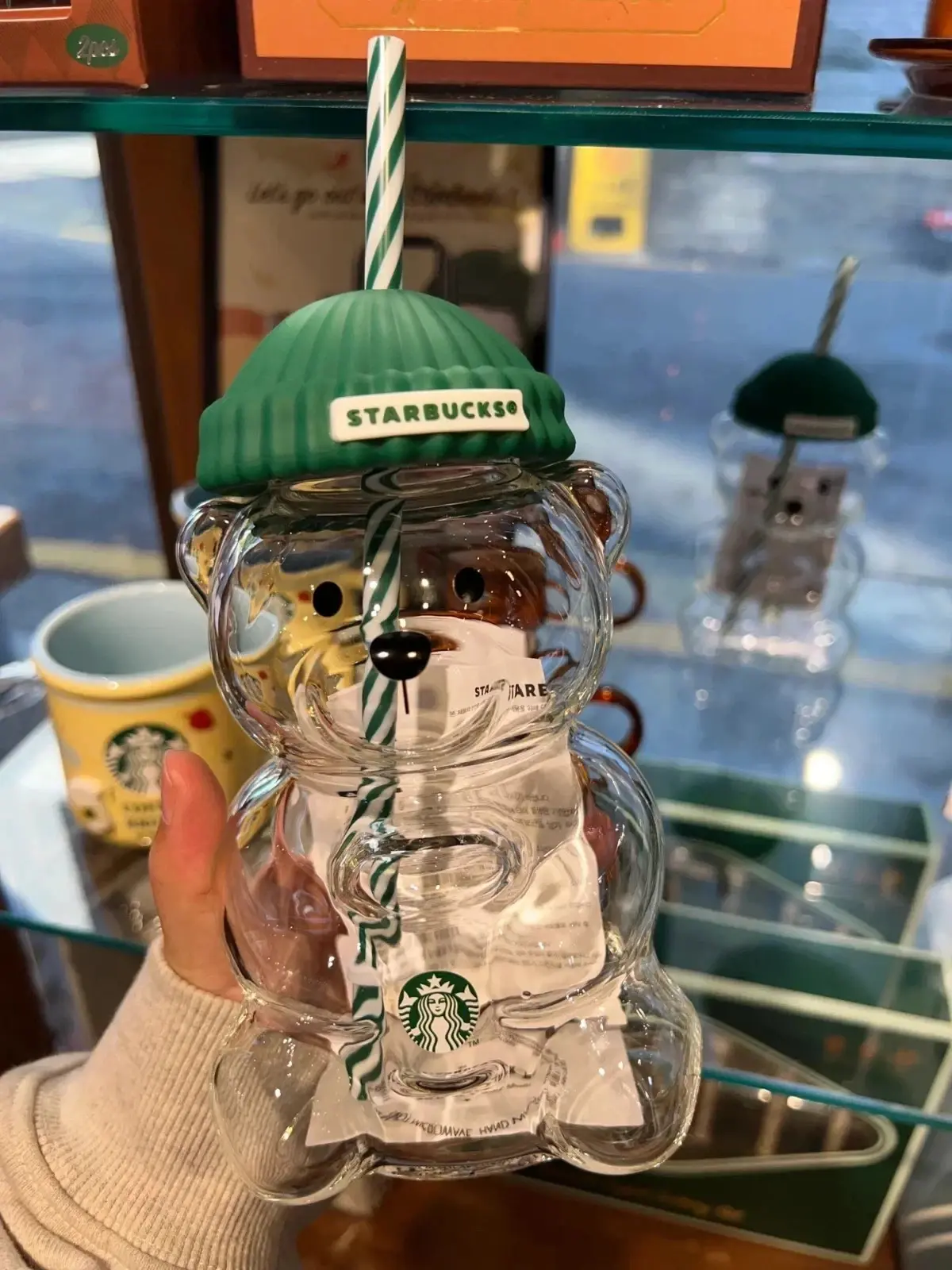 2026 New Limited Edition Starbucks Barista Bear Green Hat Glass Coffee Cup, Holiday Gift for Adults