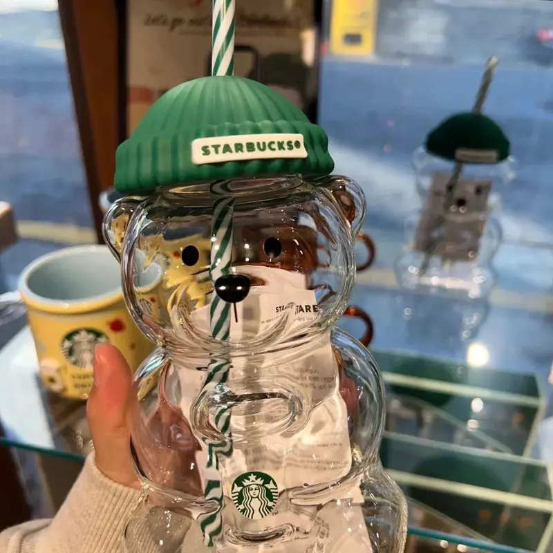 2026 New Limited Edition Starbucks Barista Bear Green Hat Glass Coffee Cup, Holiday Gift for Adults