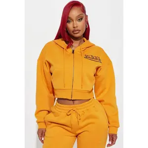 Von Dutch Embroidered Cropped Hoodie - Orange I, Pants, Polyester