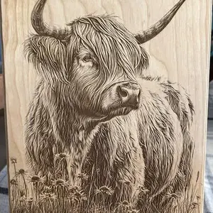 Highland Cow in the Wild Flowers - Wooden Engraved Artwork