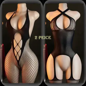 Gemaura 2-piece women’s transparent mesh no-crotch underwear[ set with sexy lace bodysuit], suitable for everyday wear and dates
